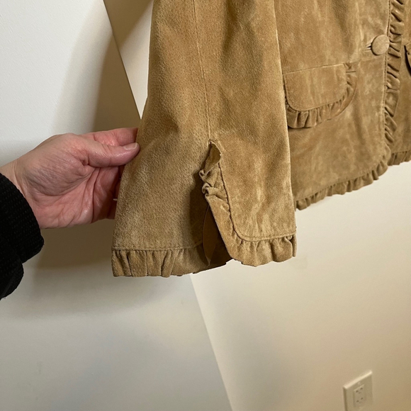 Vintage Suede Leather Blazer Jacket Tan Brown Boho Ruffle Trim Alice Blue S - Picture 11 of 17